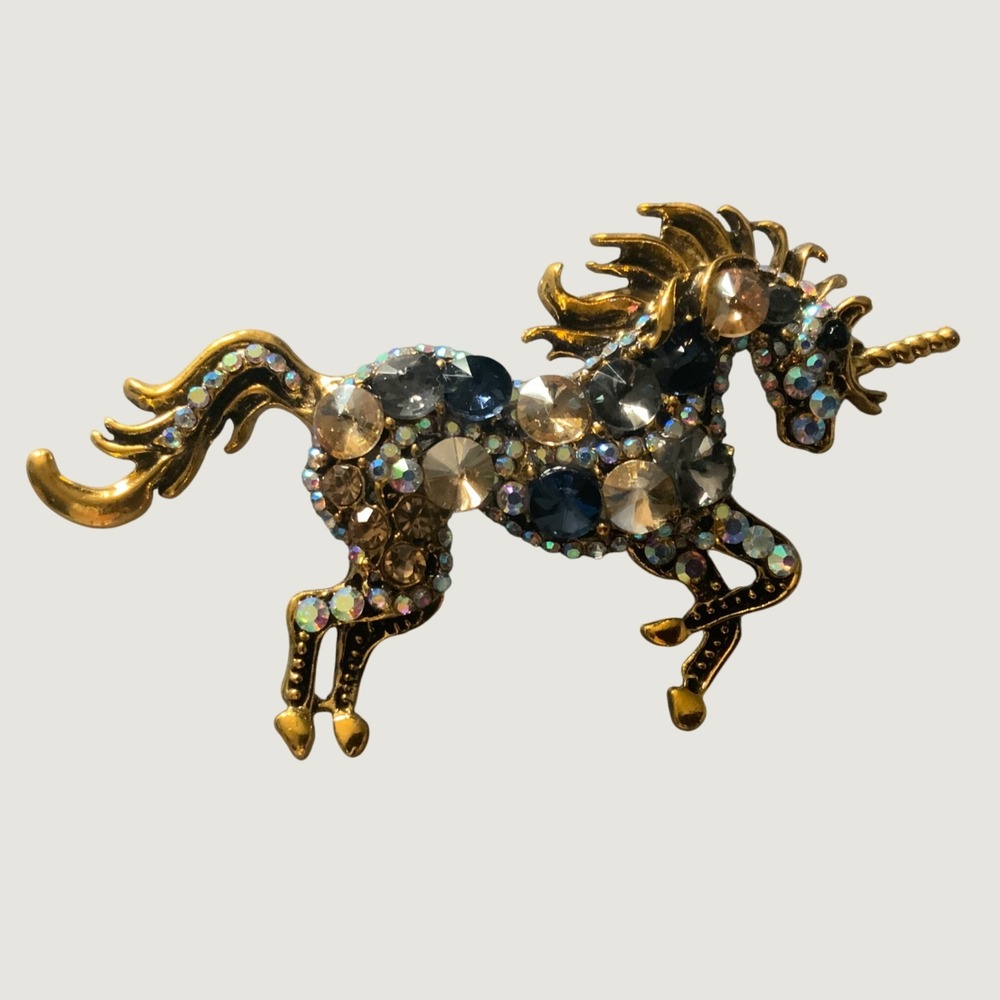 Vintage Gold Tone Rhinestone Unicorn Brooch Pin Iridescent Crystal Jewelry